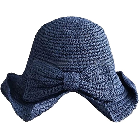 Lightweight Summer cool 100% Raffia Bow Navy Blue Sun Hat Wide Brim Floppy - Picture 2 of 5